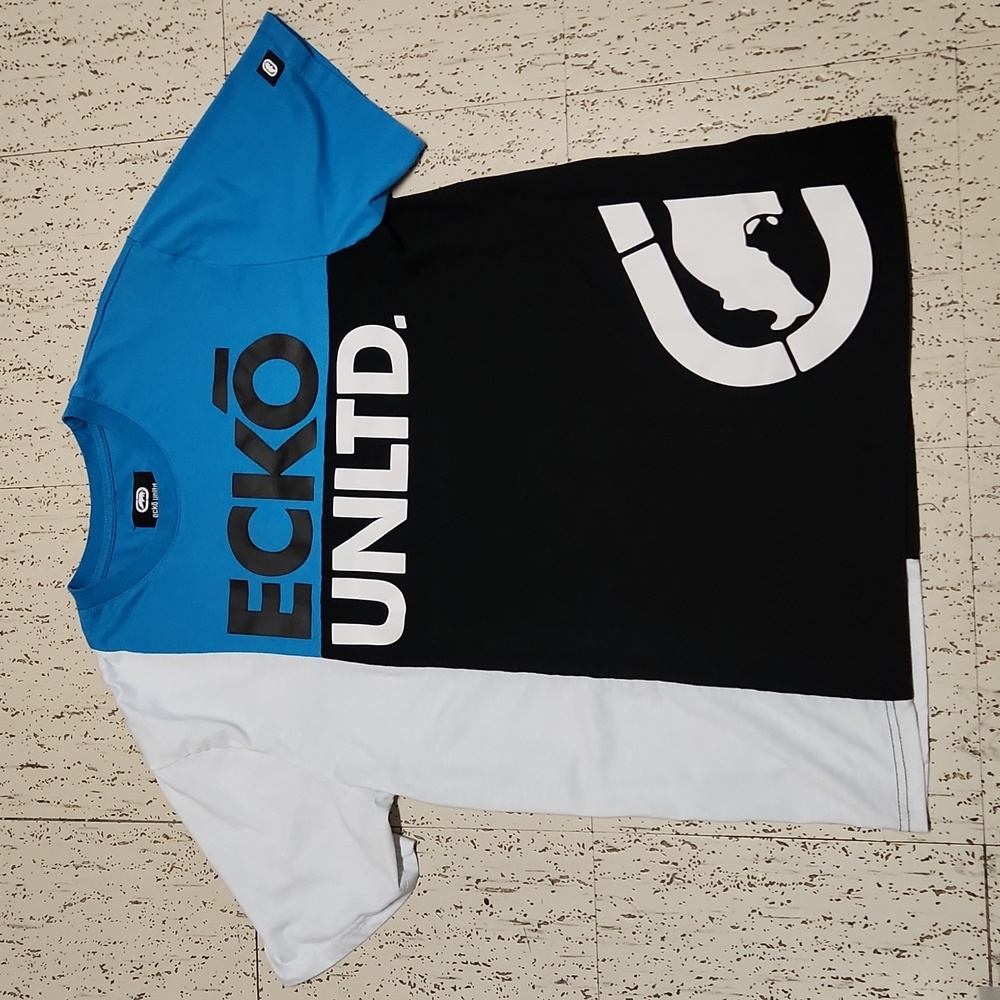 Ecko Unlimited Color Block Big Spellout T Shirt Black, Blue And White